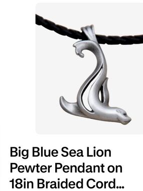 Big Blue Silver-tone Salty the Sea Lion Pendant on Black Braided Cord Necklace